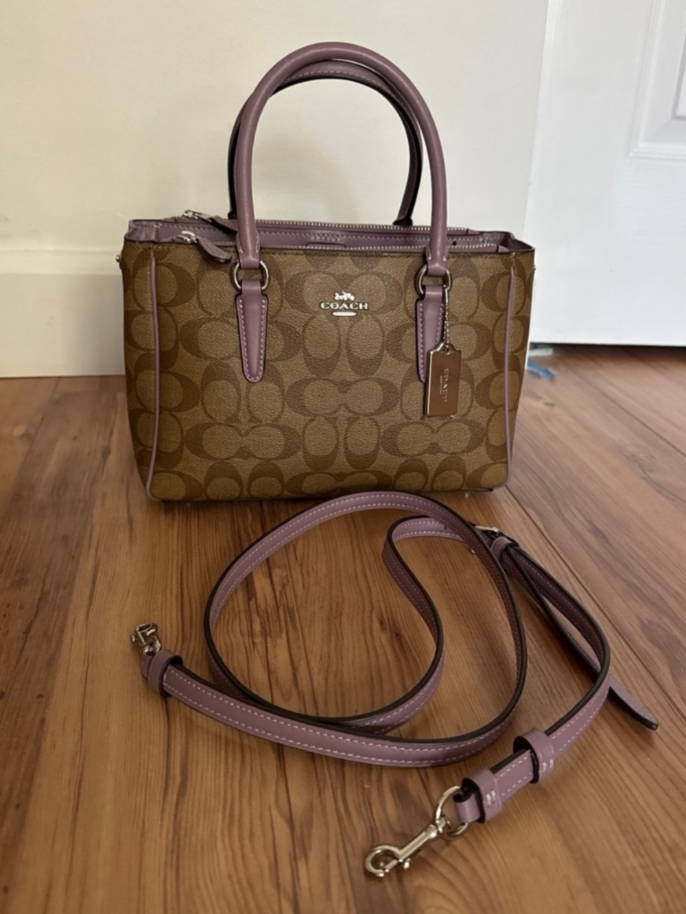 Coach mini Surrey carryall satchel in signature canvas monogram with lavender